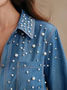 Anewsta Women's Elegant & Refined Pearl Embellished T-Shirt Blouse - Baby Blue - View 6