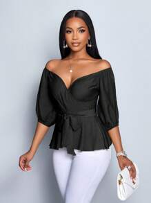 SOLERSUN 露肩优雅性感休闲办公室商务波西米亚花卉印花衬衫秋季上衣秋冬感恩节返校教师 - 黑色 - 查看 6