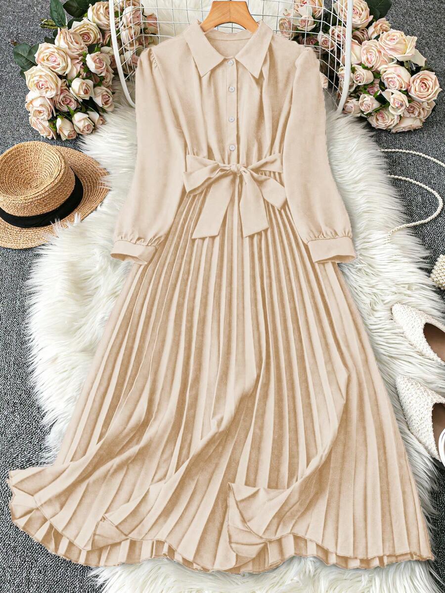 SHEIN Clasi 1pc Rivets Decorated Hem Pleated Commuter Dress For Women, Long Sleeve Maxi Women Outfit Fall Cloth For Women - Apricot - View 1