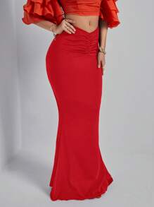 SHEIN SXY Plus Size Women's Solid Color Ruffle Mermaid Hem Elegant Skirt