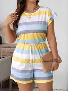 SHEIN LUNE Plus Size Summer Casual Colorful Striped Romper Mother Day - Yellow - View 1
