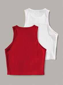 INAWLY Letter Print Slim Fit Round Neck Tank Top Graphic Tees Women Tops - Red and White - View 2