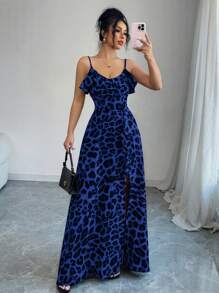 Elenzga Vacation Boho Leopard Print V-Neck Ruffle Hem High Waisted Split Elegant Romantic Dress For Women - Blue - View 5