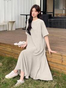 DAZY 女士优雅纯色简约连衣裙，适合春夏季，休闲女装 - 杏色 - 查看 2