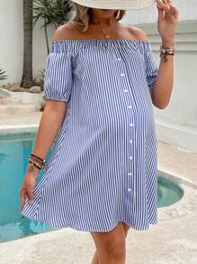 SHEIN Umstandsmode Kleid für Urlaub im Lässig Stil mit gestreiftem offener Schulter Kurzarm - Blau-Weiß - Übersicht 4