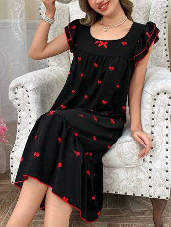 CottageSlumber 女士荷叶边樱桃印花双层盖袖睡袍娃娃装节日季，花朵图案华丽舒适优雅