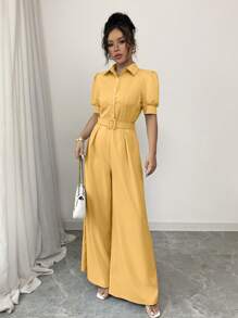 Breezaya 优雅法式休闲日常翻领纽扣泡泡袖收腰阔腿连体裤，蓝色 - 黃色 - 查看 5