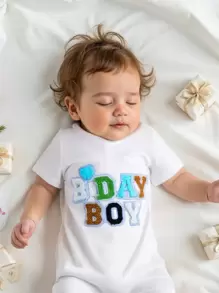SHEIN Pelele casual y versátil para uso diario con lindo bordado de letras en colores para bebés recién nacidos niños, de material de punto suave, adecuado para sesiones de fotos de celebración de cumpleaños