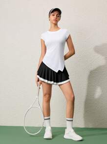 CourtClass 女士纯色圆领不对称下摆短袖运动 T 恤