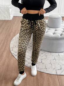 SHEIN LUNE Women's Fashionable Leopard Print Drawstring Sweatpants - White - View 3