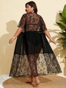 SHEIN Swim Curve Kimono exterior de talla grande para mujer con parches de encaje, cintura anudada y largo hasta los tobillos, para uso casual, de vacaciones y playa