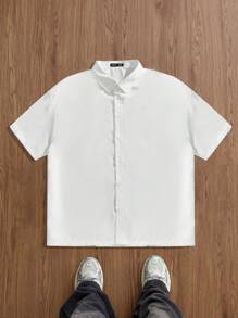 Manfinity VCAY Plus Size Men's Casual Loose Letter Print White Woven Shirt, Suitable For Summer - White - View 2