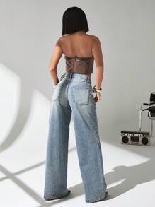 EURMUSE Cowgirl Outfit Y2K Vintage Blue Boyfriend Style Denim Pants Rave Outfits Women's Spring And Summer Loose Wide Leg Jeans - Medium Wash - View 3