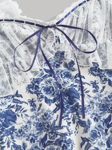 SHEIN MOD 女士复古蕾丝印花蓝色连衣裙，派对礼服，优雅派对连衣裙，女士假日装扮，度假连衣裙，女士优雅连衣裙，女士印花连衣裙，女士正式连衣裙，女士生日连衣裙，女士派对连衣裙，秋季婚礼宾客连衣裙，约会之夜连衣裙 - 藍白色 - 查看 3