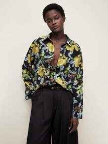 BizChic Camisa con estampado floral amarillo elegante para trabajo, salidas, vacaciones y uso casual en primavera/verano