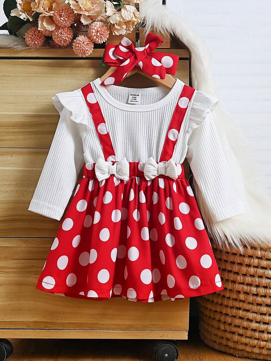 SHEIN Infant/Toddler Girl's Polka Dot Print Patchwork With Bow Decor Dress