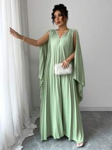 Elenzga 女士纯色宽松直筒褶皱长款连帽斗篷连衣裙