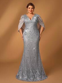 Serin Elegantes romantisches Maxikleid in Große Größen mit V-Ausschnitt, Luxus-Pailletten-Verzierung, Chiffon-Meerjungfrauen-Saum, Abendkleid für besondere Anlässe für Mütter