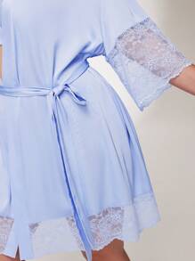 LUVLETTE Plus Silky Satin Luxurious Lace Elegance Trim Tie-Front Bridal Loungewear Airy Pajama Robe Bath Robe Night Gown Women