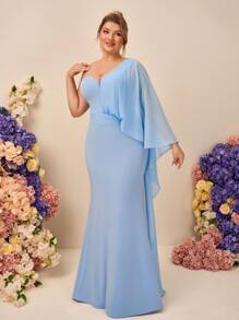 SHEIN Belle Váy phù dâu đuôi cá dài tay bồng bềnh bất đối xứng vai không đối xứng thanh lịch lãng mạn màu xanh cỡ lớn - Màu xanh lam - Xem 4