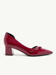 CUCCOO CHICEST 女士尖头粗跟高跟鞋，侧扣蝴蝶结设计，亮面漆皮优雅百搭高跟鞋，适合工作/通勤，红色 - 酒紅色 - 查看 4