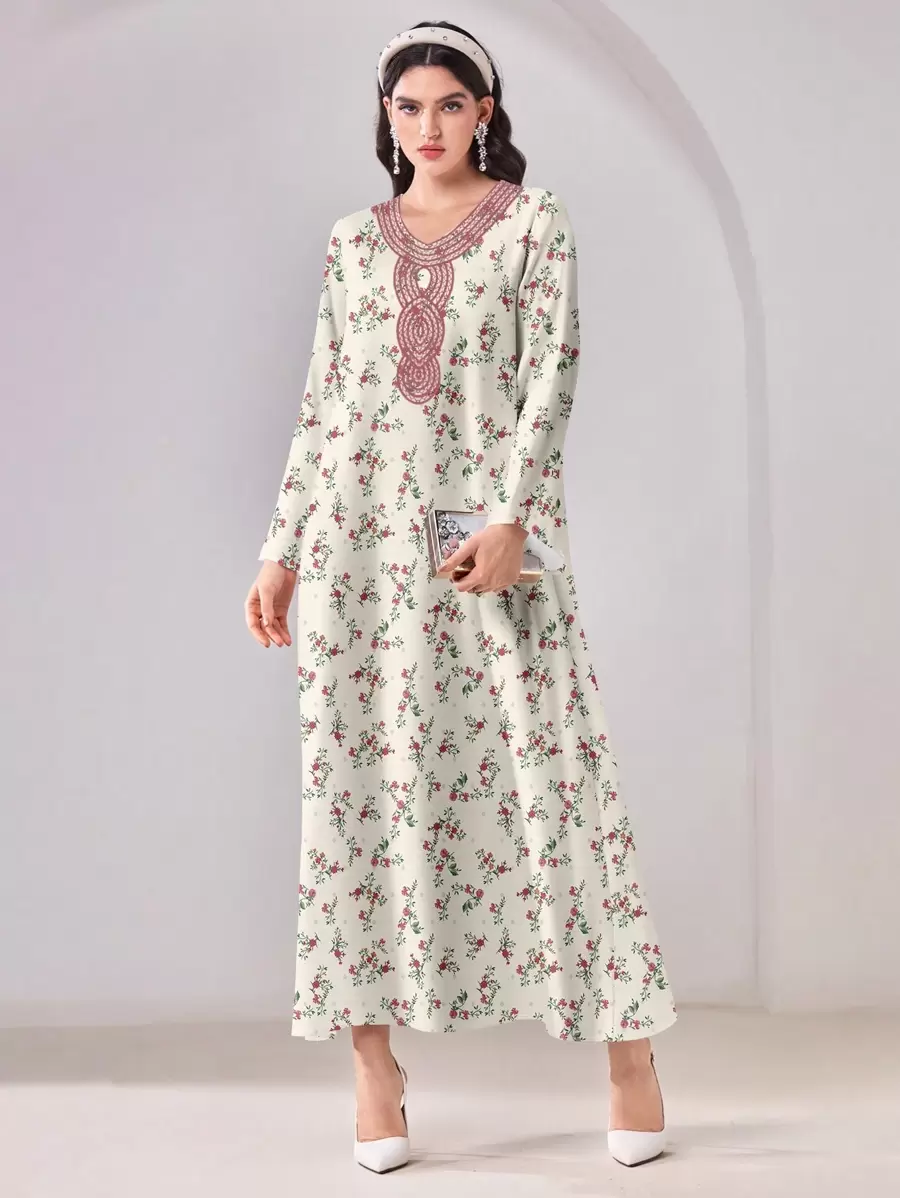 SHEIN Najma Floral Print V-Neck Long Sleeve Modest Arabic Style Dress, Suitable For Spring & Summer - Apricot - View 1