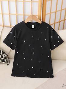 SHEIN Meisjes Casual Minimalist Comfortabel Computer Geborduurd Ronde Hals Losse Korte Mouw T-shirt