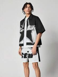 ROMWE MEN Street Life Men's Racing Casual Simple Shirt And Shorts Set, Daily Wear - Black - View 5