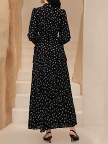 Graceveil Women's Ditsy Floral Asymmetric Collar Tie Waist Design Dress,Modest - Black - View 2