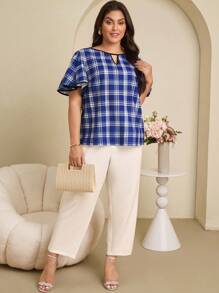 EMERY ROSE Plus Size Keyhole Neck Ruffle Short Sleeve Plaid Casual T-Shirt, Summer , Vacation Woman , Vacation, Boho Women - Navy Blue - View 3