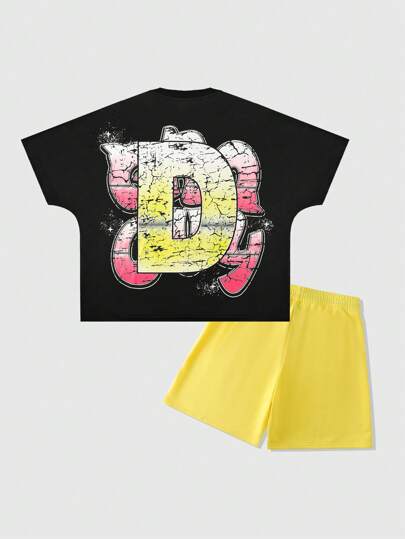 Street Life Loose Cropped Fit Skull Print T-Shirt & Shorts Set For Men