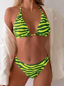 SHEIN Swim 2025 Zebra Striped V-Neck Bikini Swimwear Set - Multicolor - View 1
