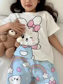 Completo casual casalingo per ragazza pre-adolescente, composto da maglietta a maniche corte e pantaloni, con design carino di coniglio e fiocco, colore azzurro, adatto per l'estate