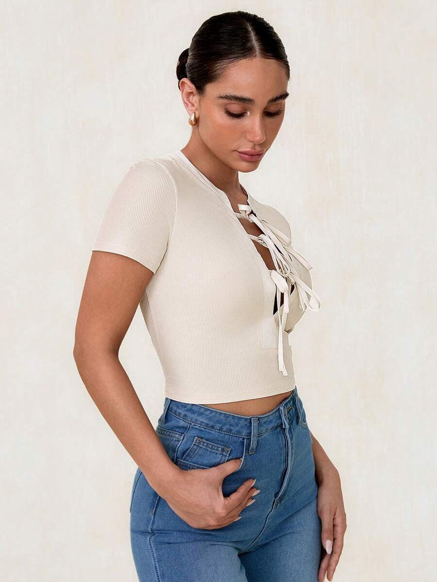 SHEIN Unity Women's V-Neck Front Tie Waist Fitted T-Shirt - Apricot - View 1
