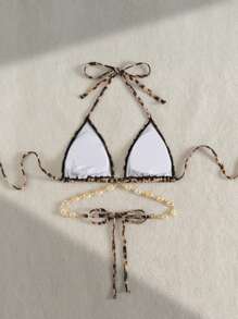 SHEIN Swim Women's Leopard Print Chain Decor Bikini Top