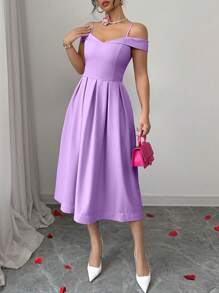 Rafferiza Elegante vestido rosa con escote hombros descubiertos, volantes en la cintura, talla grande, apropiado para uso diario, citas, fiestas - Púrpura malva - Ver 2