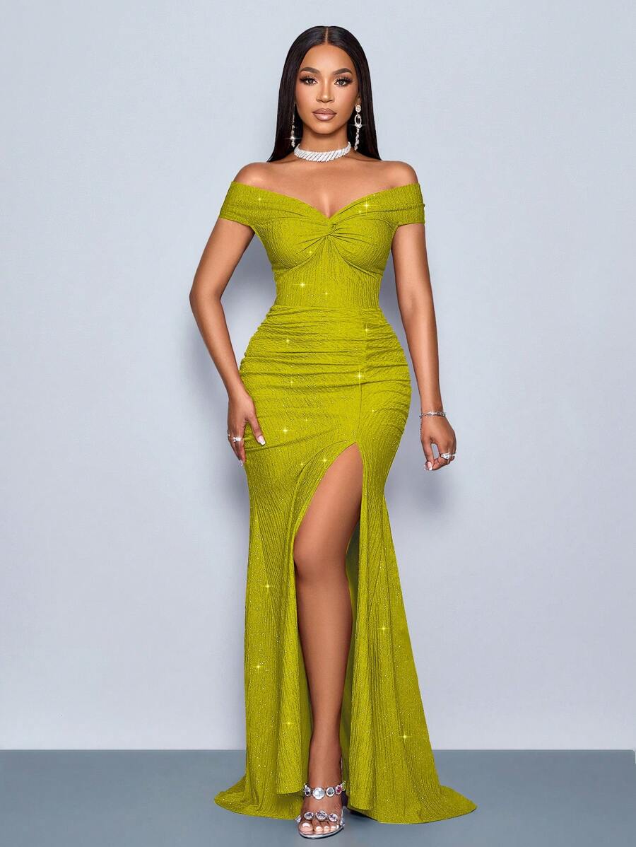 SOLERSUN 适合圣诞派对度假和约会优雅的勃艮第优雅扭曲露肩露背肩带高开叉美人鱼连衣裙与金属光泽长款女士服装