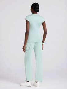 Scrubzie 1 set femeie cu decolteu în V cu mâneci crestate și pantaloni uniformă pentru scrub, culoare uni simplă