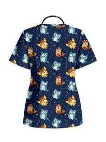 PopScrub Cartoon Owl Print Work Scrub Uniform Top, Casual And Simple - White - View 2
