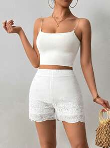 Chiquease Shorts casuales con bordado blanco, minimalistas y de moda, aptos para el verano - Blanco - Ver 3