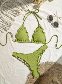 Swim Mod Women's Vacation Sexy Solid Color High Stretch Ruffle Edge Bikini Set For Summer - Green - View 1