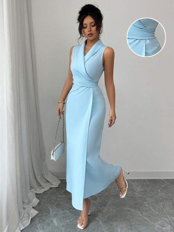 Elenzga Women Elegant Solid Color Wrap Sleeveless Dress