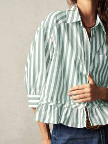 Bohemela 度假雪纺条纹翻领 3/4 袖荷叶边宽松女式衬衫 - 綠色 - 查看 6