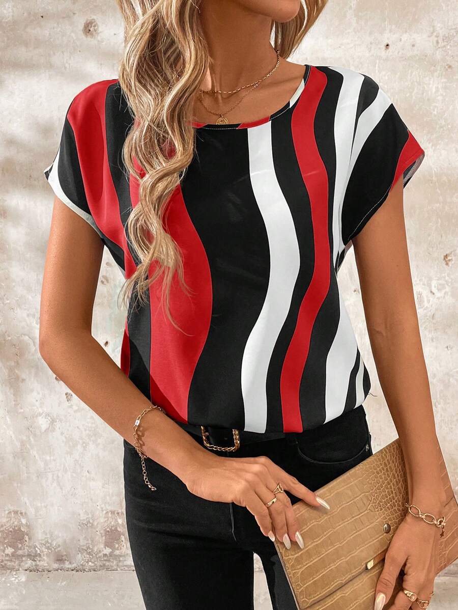 SHEIN Clasi Vertical Stripe Geometric Print Round Neck Loose Women Blouse Business Casual Woman Casual Tops Women Teacher Clothes - Red - View 1