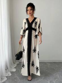 Calvaya Women's Colorblock Flare Sleeve Graphic Print Casual Long Dress