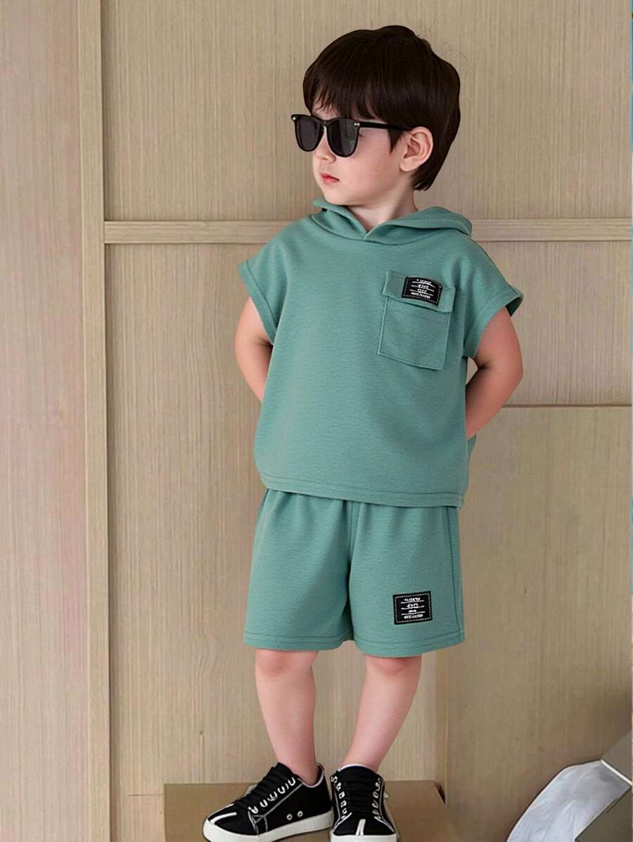 SHEIN 2 件装男婴夏季可爱休闲运动连帽衫上衣和短裤套装 - 彩色 - 查看 1