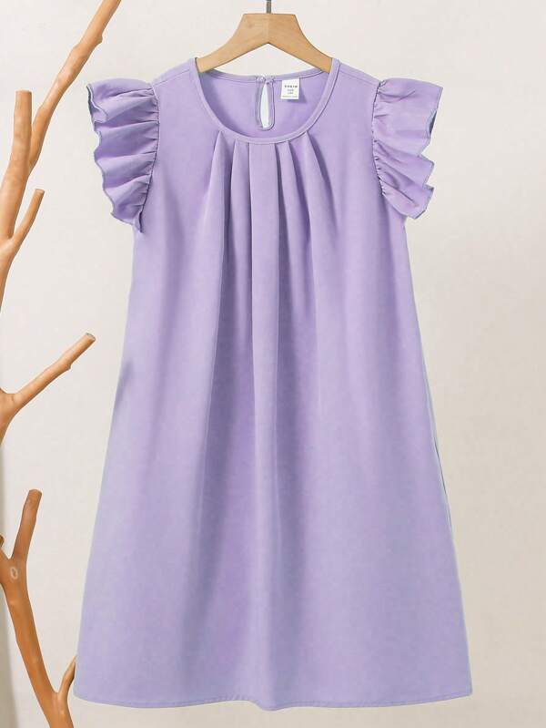 Holiday,Summer,TravelTween Girl Solid Color Pleated Casual Dress, Korean Style With Cap Sleeves Casual Dresses For Girls Kids Plain Dress