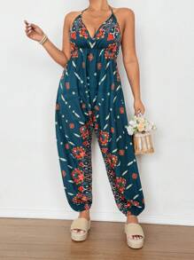 Sunnyshic Mono de talla grande con estampado vintage y espalda descubierta, estilo casual de vacaciones