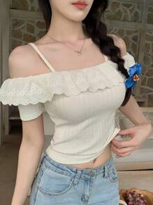 DAZY Women's Cold Shoulder Textured T-Shirt, Summer New Arrival Top,Ruffle Cute Tops - White - View 2