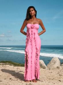 Opulessa Vestido ceñido con abertura, con volante de malla de punto de color simple para mujer